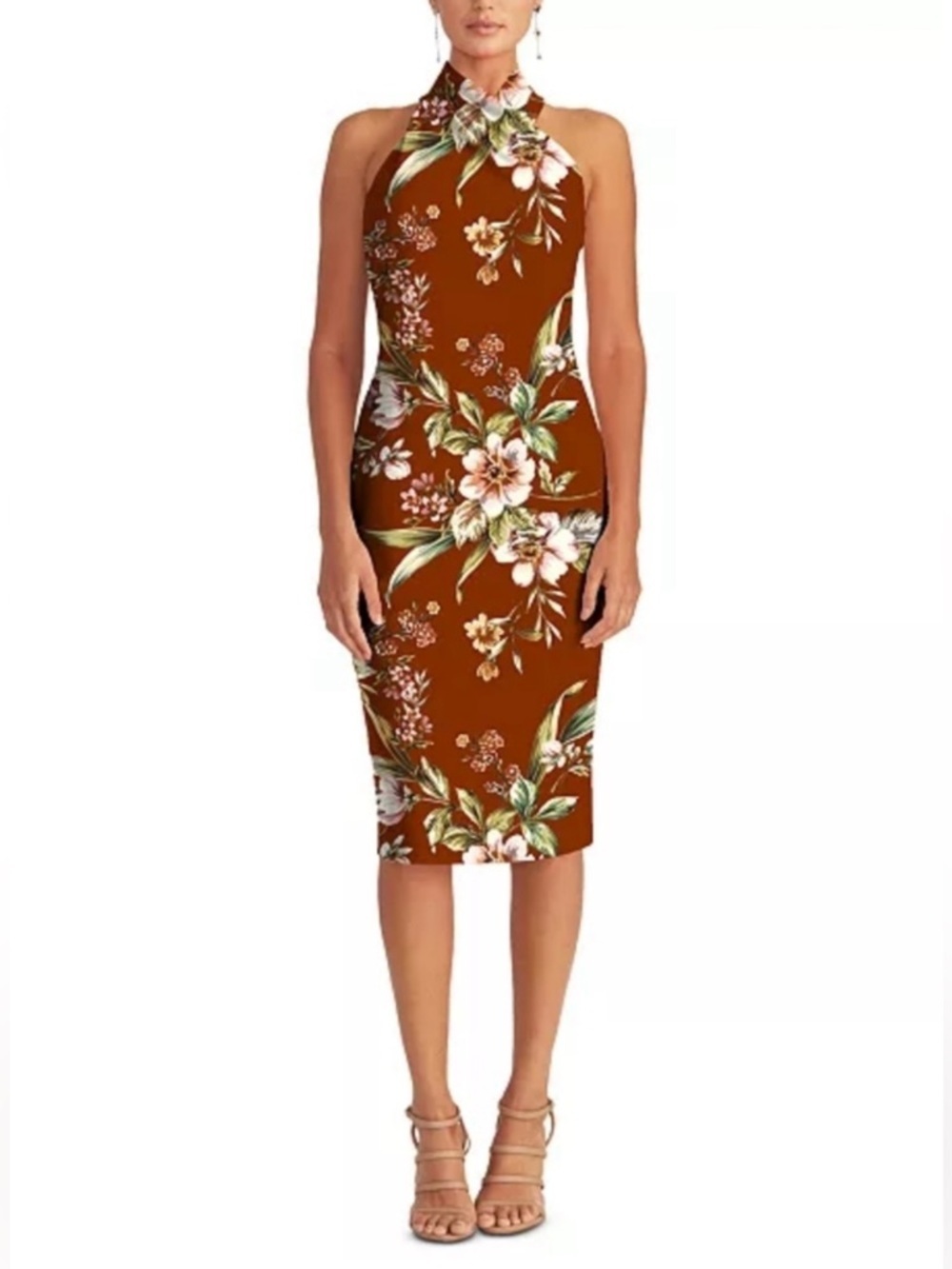 RACHEL Rachel Roy Harland Rust Floral Halter Fitted Sheath Midi Dress Size XXL